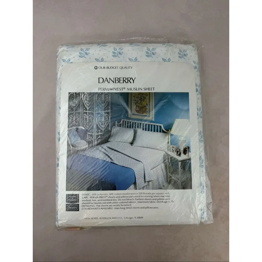 Vintage Twin Flat Sheet NOS Danberry Blue and White Floral Cottagecore